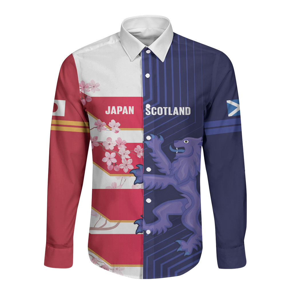 Japan and Scotland Rugby Custom Long Sleeve Button Shirt Brave Blossoms Scottish Thistle Together