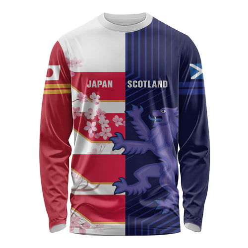 Japan and Scotland Rugby Custom Long Sleeve Shirt Brave Blossoms Scottish Thistle Together