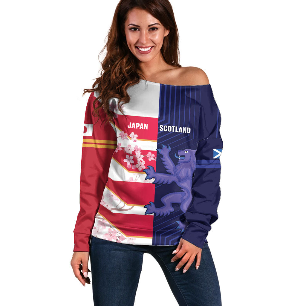 Japan and Scotland Rugby Custom Off Shoulder Sweater Brave Blossoms Scottish Thistle Together