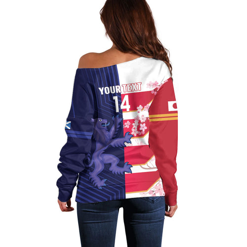 Japan and Scotland Rugby Custom Off Shoulder Sweater Brave Blossoms Scottish Thistle Together