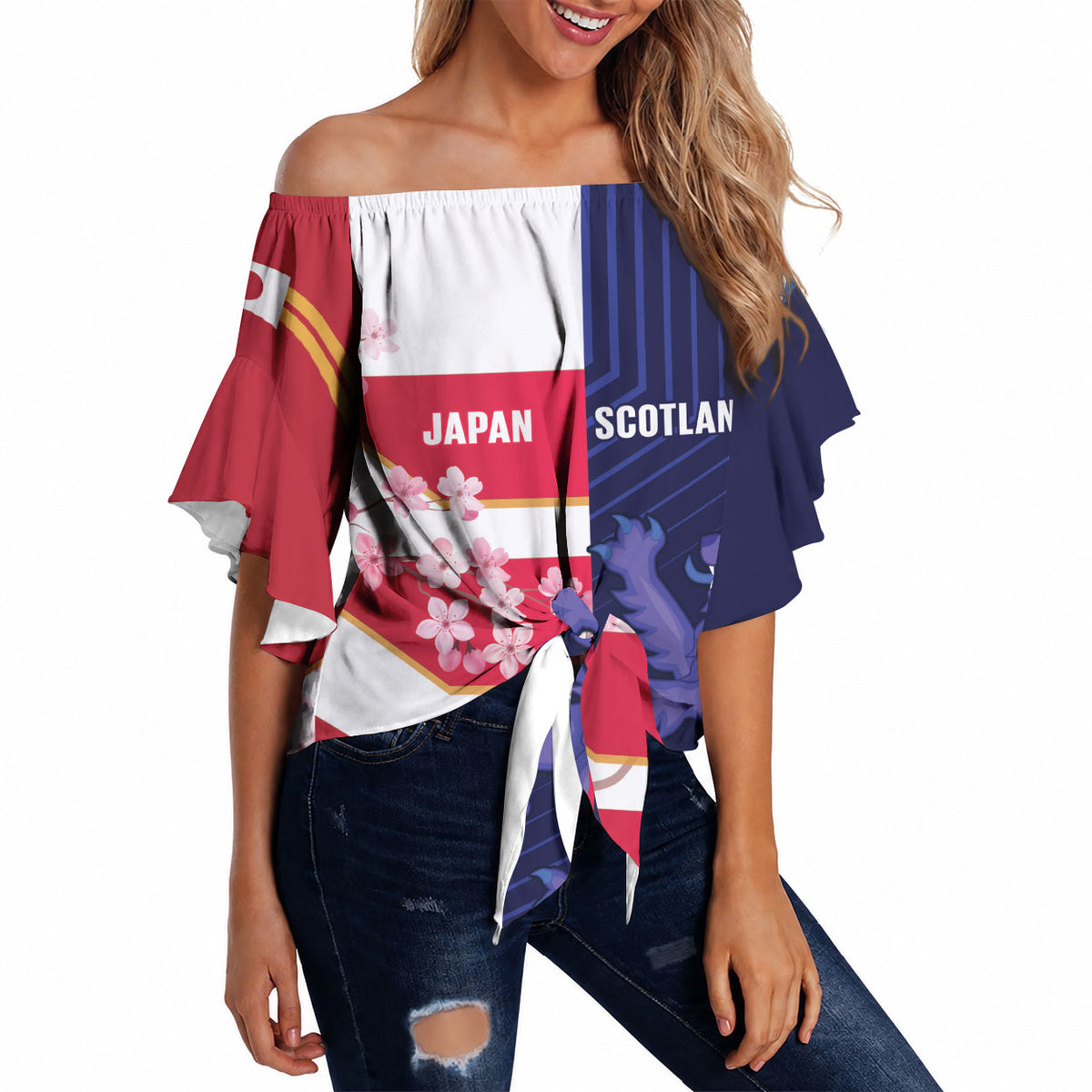 Japan and Scotland Rugby Custom Off Shoulder Wrap Waist Top Brave Blossoms Scottish Thistle Together