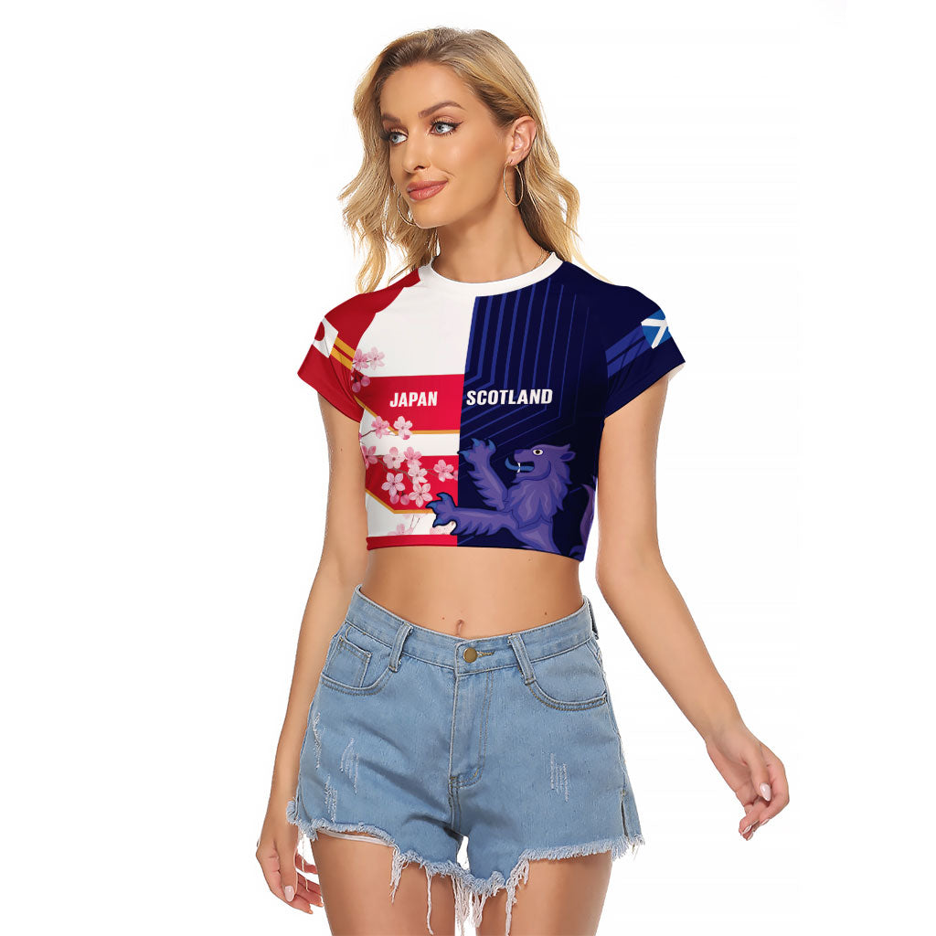 Japan and Scotland Rugby Custom Raglan Cropped T Shirt Brave Blossoms Scottish Thistle Together