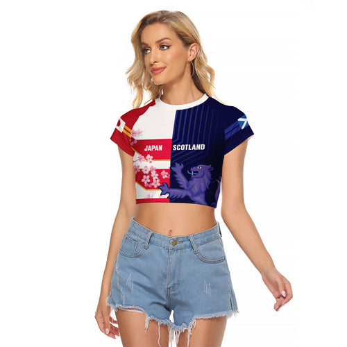 Japan and Scotland Rugby Custom Raglan Cropped T Shirt Brave Blossoms Scottish Thistle Together