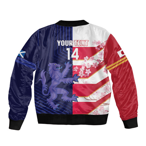 Japan and Scotland Rugby Custom Sleeve Zip Bomber Jacket Brave Blossoms Scottish Thistle Together