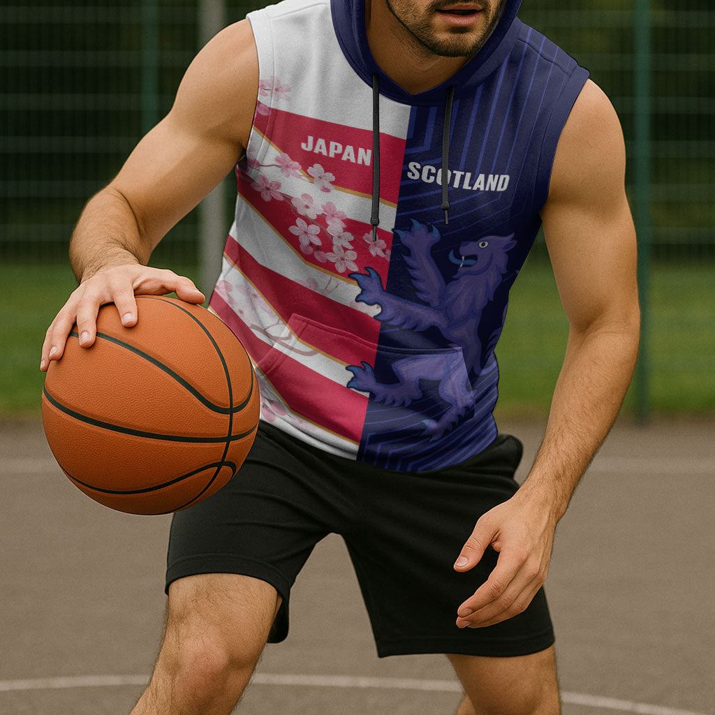 Japan and Scotland Rugby Custom Sleeveless Hoodie Brave Blossoms Scottish Thistle Together