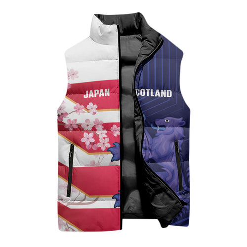Japan and Scotland Rugby Custom Sleeveless Puffer Jacket Brave Blossoms Scottish Thistle Together