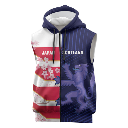 Japan and Scotland Rugby Custom Sleeveless Zip Hoodie Brave Blossoms Scottish Thistle Together