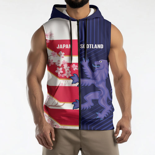 Japan and Scotland Rugby Custom Sleeveless Zip Hoodie Brave Blossoms Scottish Thistle Together