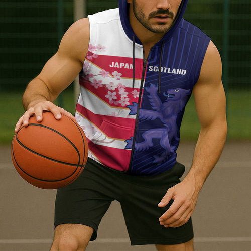 Japan and Scotland Rugby Custom Sleeveless Zip Hoodie Brave Blossoms Scottish Thistle Together