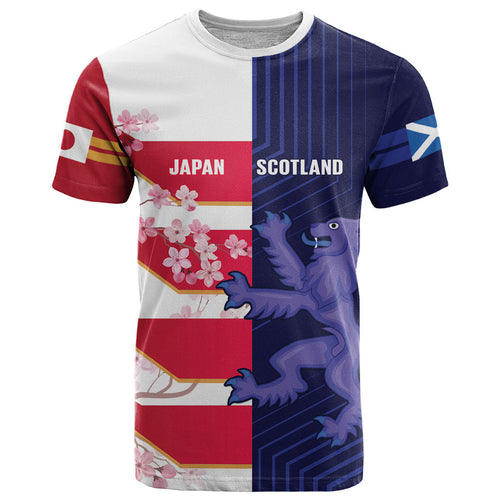 Japan and Scotland Rugby Custom T Shirt Brave Blossoms Scottish Thistle Together