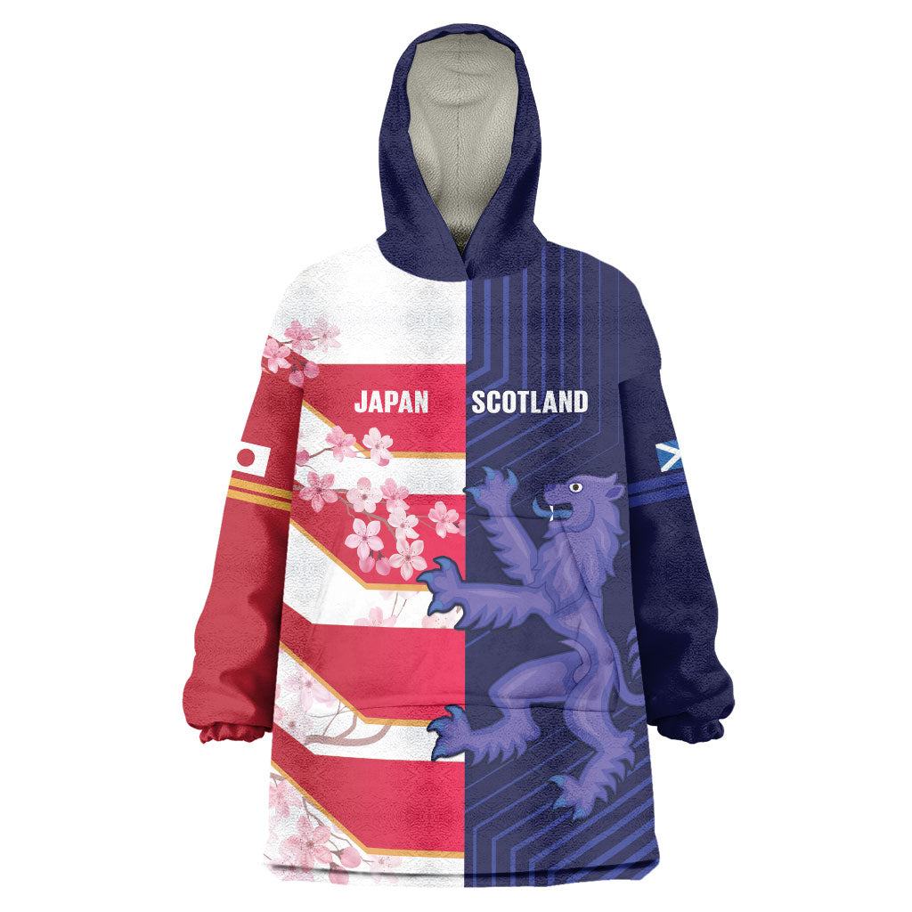 Japan and Scotland Rugby Custom Wearable Blanket Hoodie Brave Blossoms Scottish Thistle Together