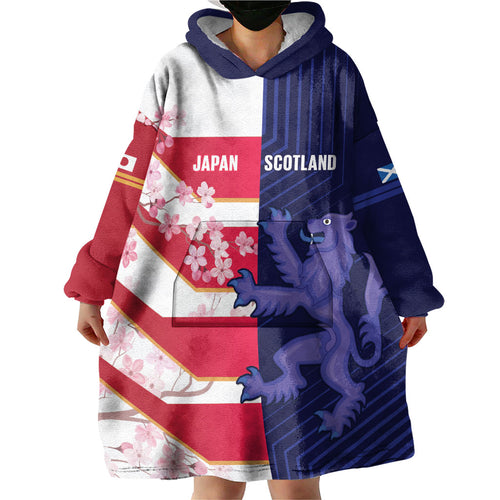 Japan and Scotland Rugby Custom Wearable Blanket Hoodie Brave Blossoms Scottish Thistle Together