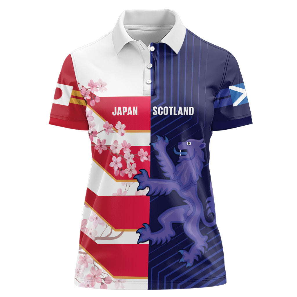 Japan and Scotland Rugby Custom Women Polo Shirt Brave Blossoms Scottish Thistle Together