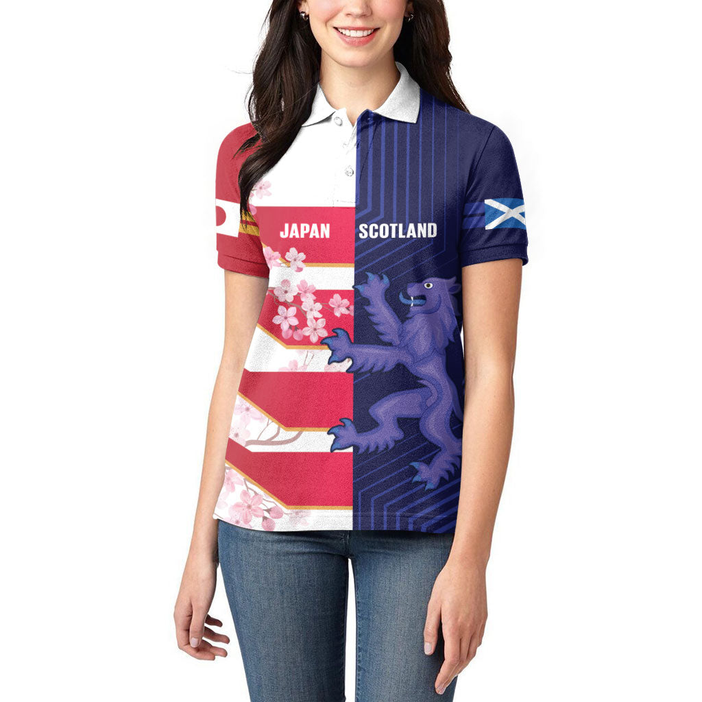 Japan and Scotland Rugby Custom Women Polo Shirt Brave Blossoms Scottish Thistle Together