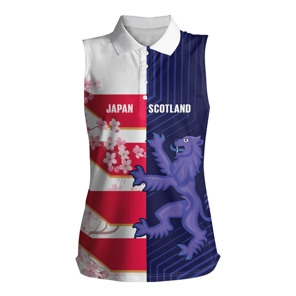 Japan and Scotland Rugby Custom Women Sleeveless Polo Shirt Brave Blossoms Scottish Thistle Together