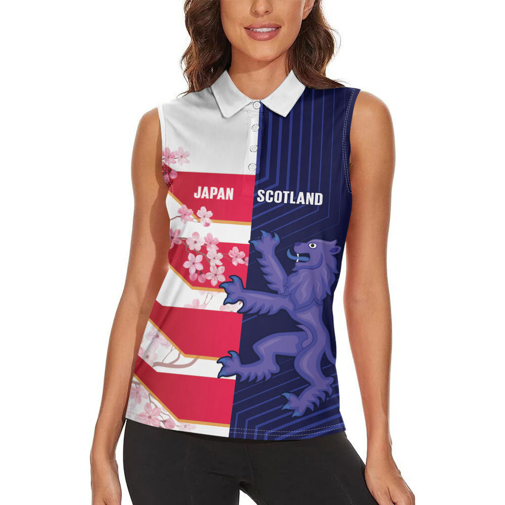Japan and Scotland Rugby Custom Women Sleeveless Polo Shirt Brave Blossoms Scottish Thistle Together