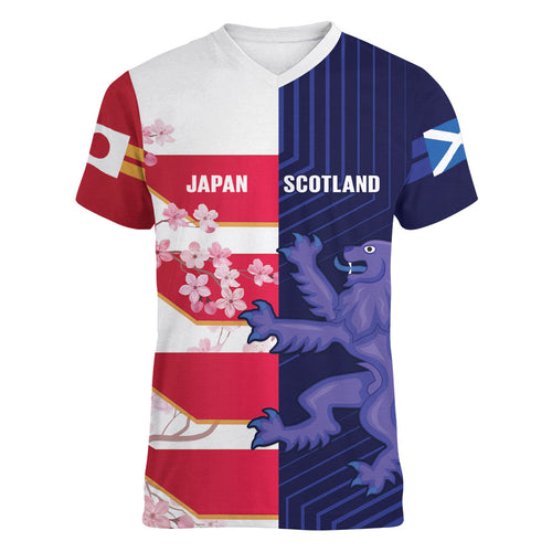 Japan and Scotland Rugby Custom Women V-Neck T-Shirt Brave Blossoms Scottish Thistle Together