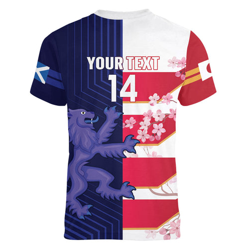 Japan and Scotland Rugby Custom Women V-Neck T-Shirt Brave Blossoms Scottish Thistle Together