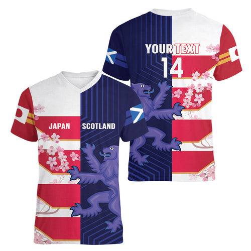Japan and Scotland Rugby Custom Women V-Neck T-Shirt Brave Blossoms Scottish Thistle Together