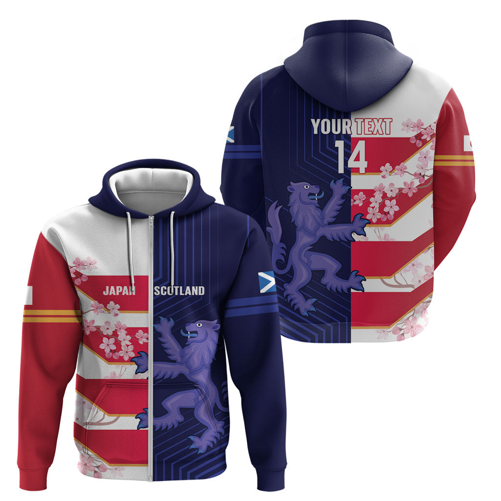 Japan and Scotland Rugby Custom Zip Hoodie Brave Blossoms Scottish Thistle Together