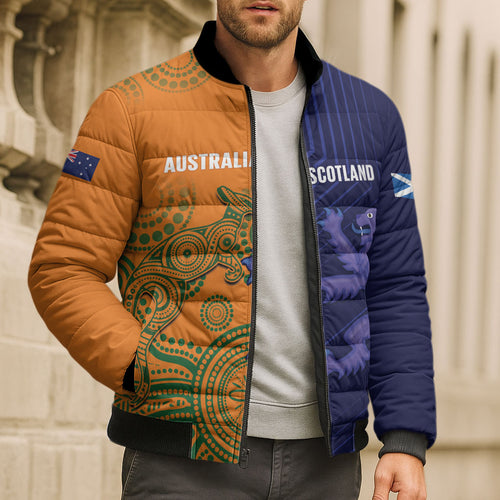 Australia and Scotland Rugby Custom Bomber Puffer Jacket Wallabies Scottish Thistle Together