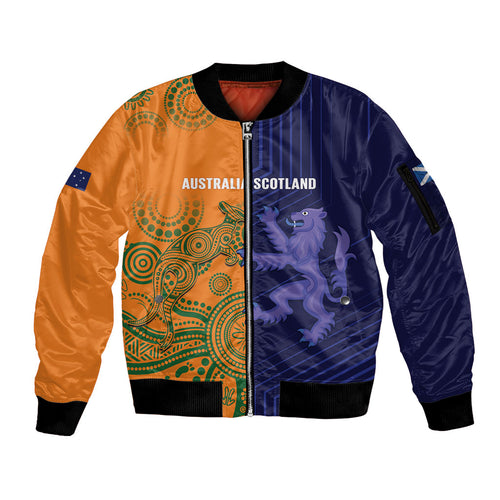 Australia and Scotland Rugby Custom Sleeve Zip Bomber Jacket Wallabies Scottish Thistle Together