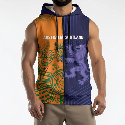 Australia and Scotland Rugby Custom Sleeveless Zip Hoodie Wallabies Scottish Thistle Together