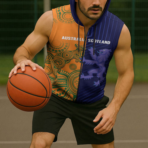 Australia and Scotland Rugby Custom Sleeveless Zip Hoodie Wallabies Scottish Thistle Together