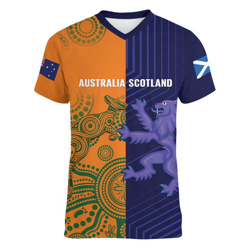 Australia and Scotland Rugby Custom Women V-Neck T-Shirt Wallabies Scottish Thistle Together