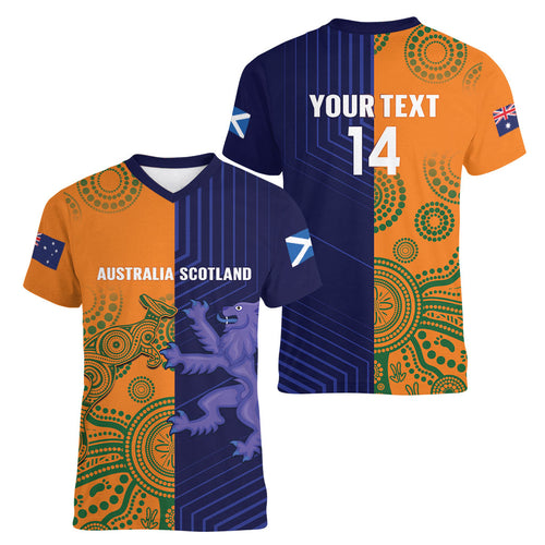 Australia and Scotland Rugby Custom Women V-Neck T-Shirt Wallabies Scottish Thistle Together