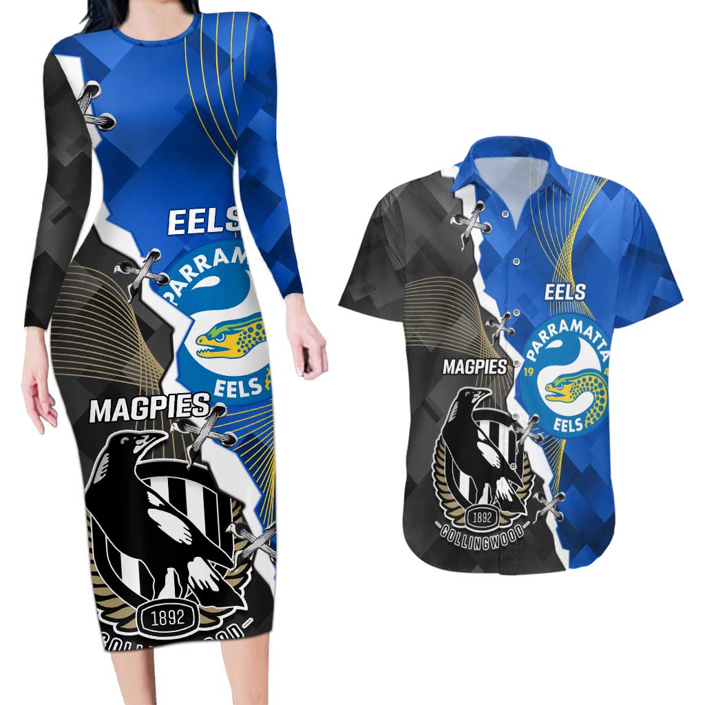 Custom Magpies Football And Eels Rugby Couples Matching Long Sleeve Bodycon Dress and Hawaiian Shirt Dynamic Style