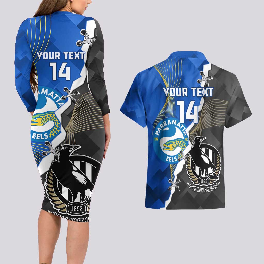 Custom Magpies Football And Eels Rugby Couples Matching Long Sleeve Bodycon Dress and Hawaiian Shirt Dynamic Style