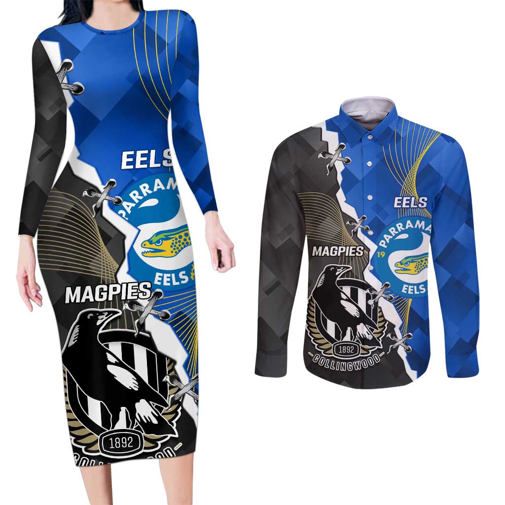 Custom Magpies Football And Eels Rugby Couples Matching Long Sleeve Bodycon Dress and Long Sleeve Button Shirt Dynamic Style