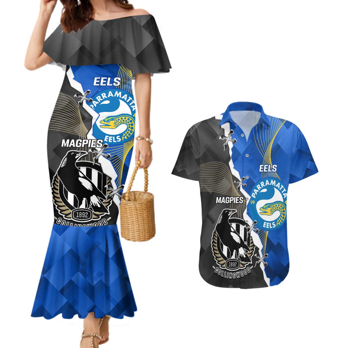 Custom Magpies Football And Eels Rugby Couples Matching Mermaid Dress and Hawaiian Shirt Dynamic Style