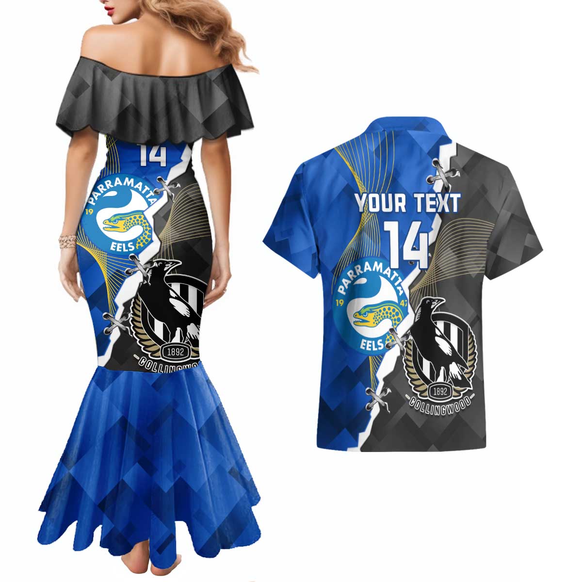Custom Magpies Football And Eels Rugby Couples Matching Mermaid Dress and Hawaiian Shirt Dynamic Style