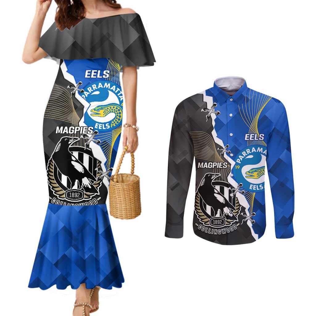 Custom Magpies Football And Eels Rugby Couples Matching Mermaid Dress and Long Sleeve Button Shirt Dynamic Style