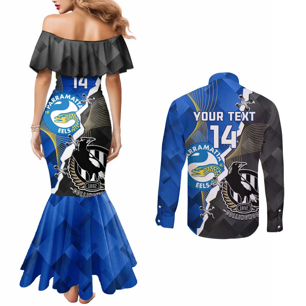 Custom Magpies Football And Eels Rugby Couples Matching Mermaid Dress and Long Sleeve Button Shirt Dynamic Style