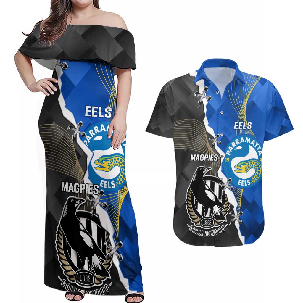 Custom Magpies Football And Eels Rugby Couples Matching Off Shoulder Maxi Dress and Hawaiian Shirt Dynamic Style