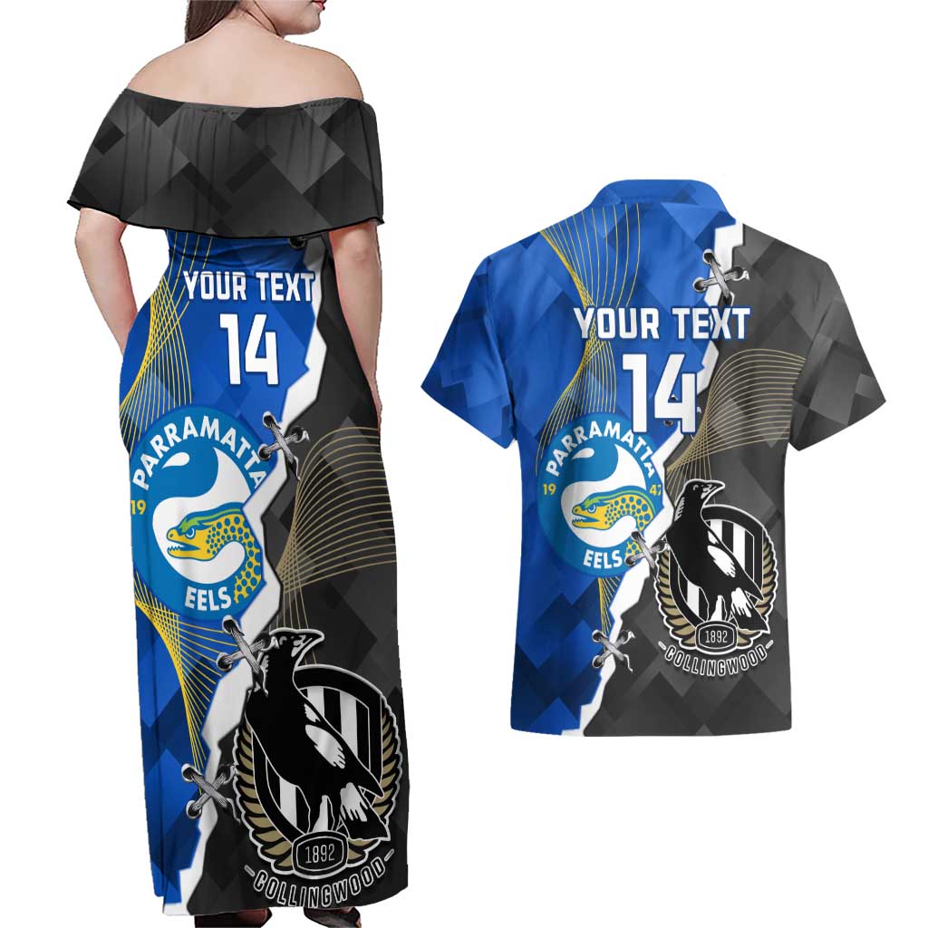 Custom Magpies Football And Eels Rugby Couples Matching Off Shoulder Maxi Dress and Hawaiian Shirt Dynamic Style