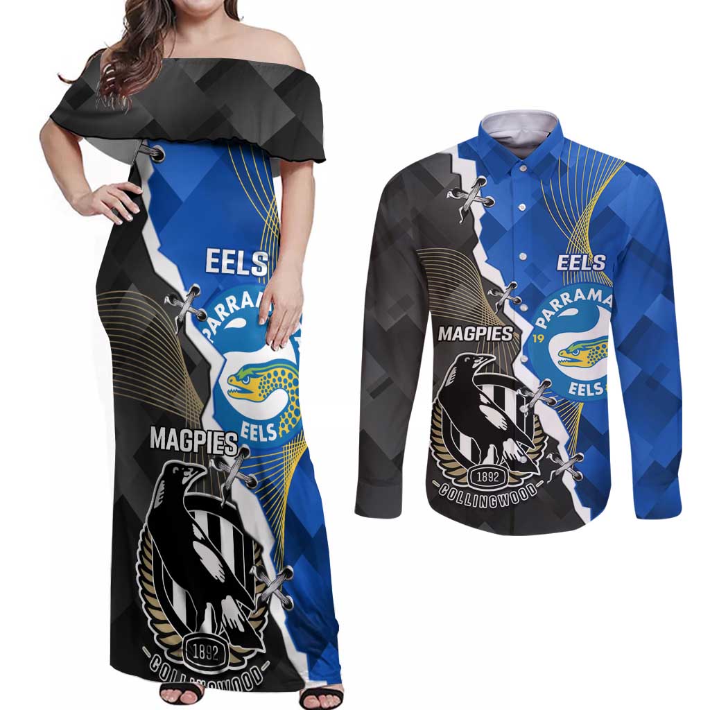 Custom Magpies Football And Eels Rugby Couples Matching Off Shoulder Maxi Dress and Long Sleeve Button Shirt Dynamic Style