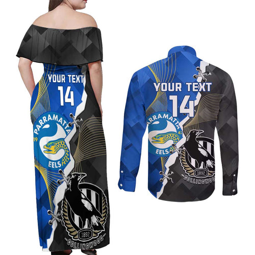 Custom Magpies Football And Eels Rugby Couples Matching Off Shoulder Maxi Dress and Long Sleeve Button Shirt Dynamic Style
