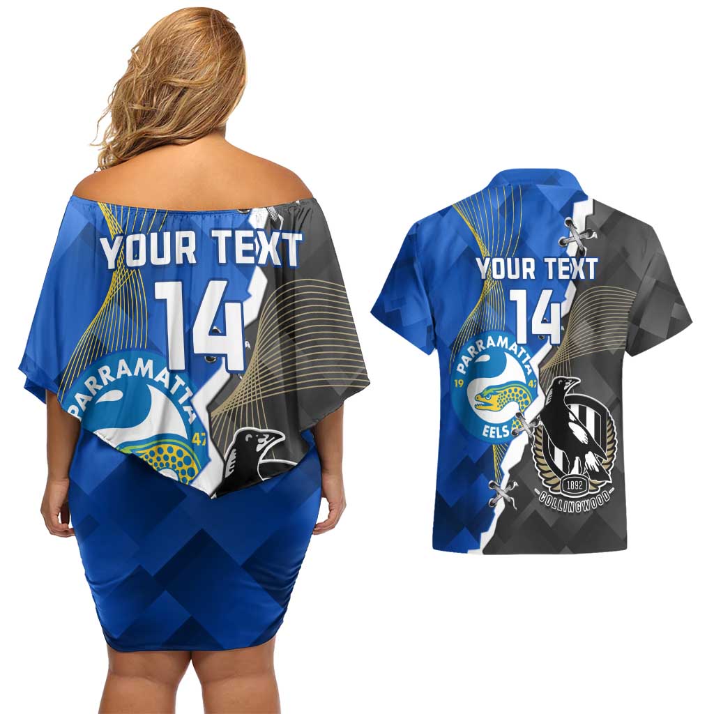 Custom Magpies Football And Eels Rugby Couples Matching Off Shoulder Short Dress and Hawaiian Shirt Dynamic Style