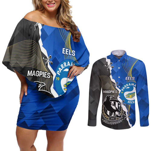 Custom Magpies Football And Eels Rugby Couples Matching Off Shoulder Short Dress and Long Sleeve Button Shirt Dynamic Style