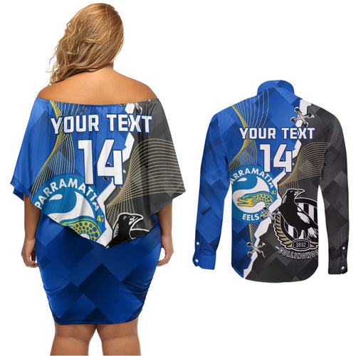 Custom Magpies Football And Eels Rugby Couples Matching Off Shoulder Short Dress and Long Sleeve Button Shirt Dynamic Style