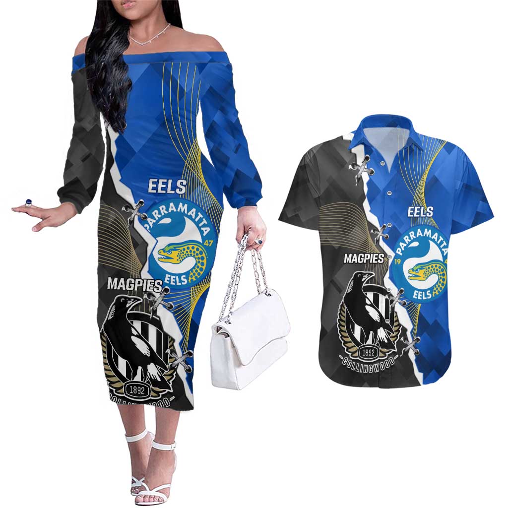 Custom Magpies Football And Eels Rugby Couples Matching Off The Shoulder Long Sleeve Dress and Hawaiian Shirt Dynamic Style