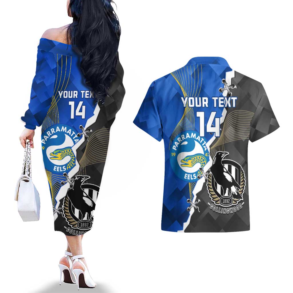 Custom Magpies Football And Eels Rugby Couples Matching Off The Shoulder Long Sleeve Dress and Hawaiian Shirt Dynamic Style