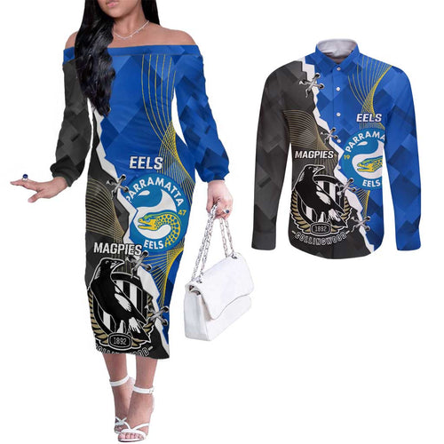 Custom Magpies Football And Eels Rugby Couples Matching Off The Shoulder Long Sleeve Dress and Long Sleeve Button Shirt Dynamic Style
