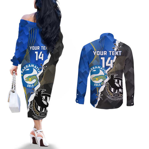 Custom Magpies Football And Eels Rugby Couples Matching Off The Shoulder Long Sleeve Dress and Long Sleeve Button Shirt Dynamic Style