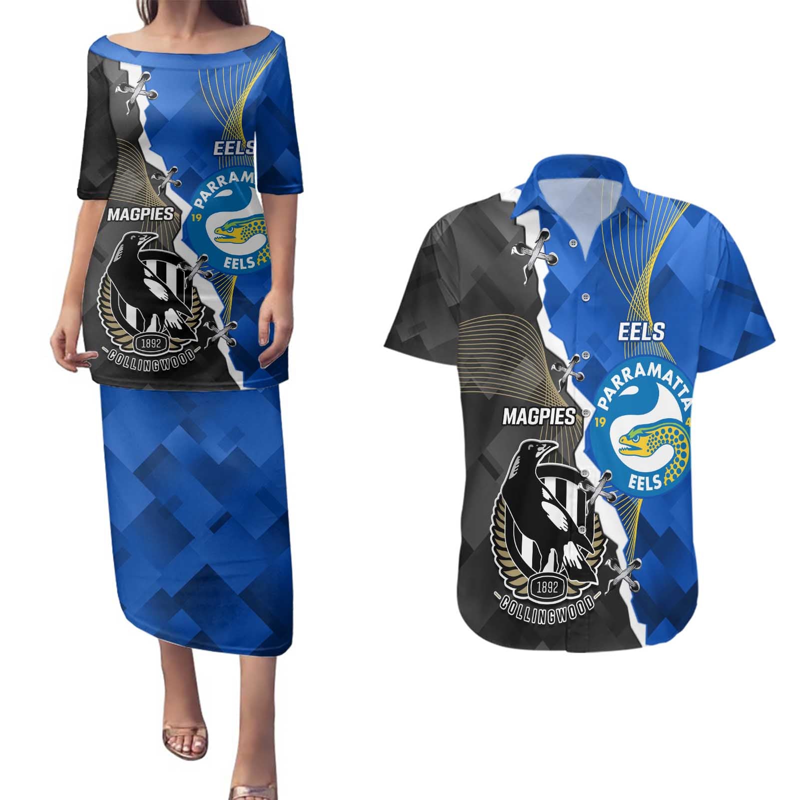 Custom Magpies Football And Eels Rugby Couples Matching Puletasi and Hawaiian Shirt Dynamic Style