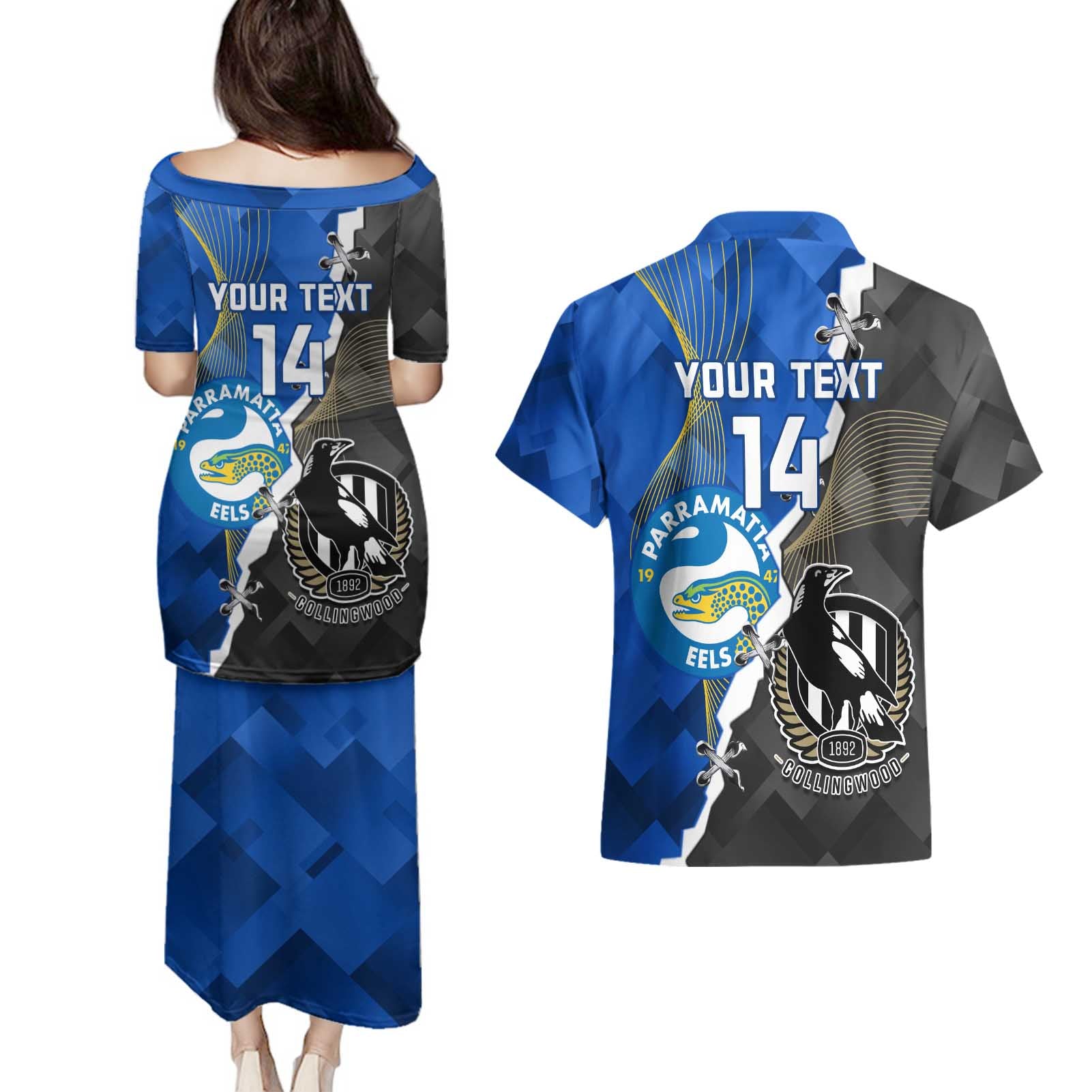 Custom Magpies Football And Eels Rugby Couples Matching Puletasi and Hawaiian Shirt Dynamic Style
